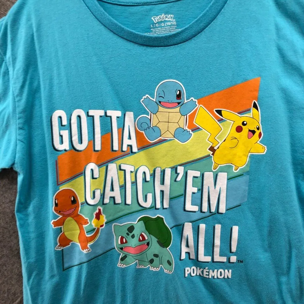 Pokemon Youth‎ Kids L 10-12 Short Sleeve T Shirt Pikachu Charmander Bulbasaur